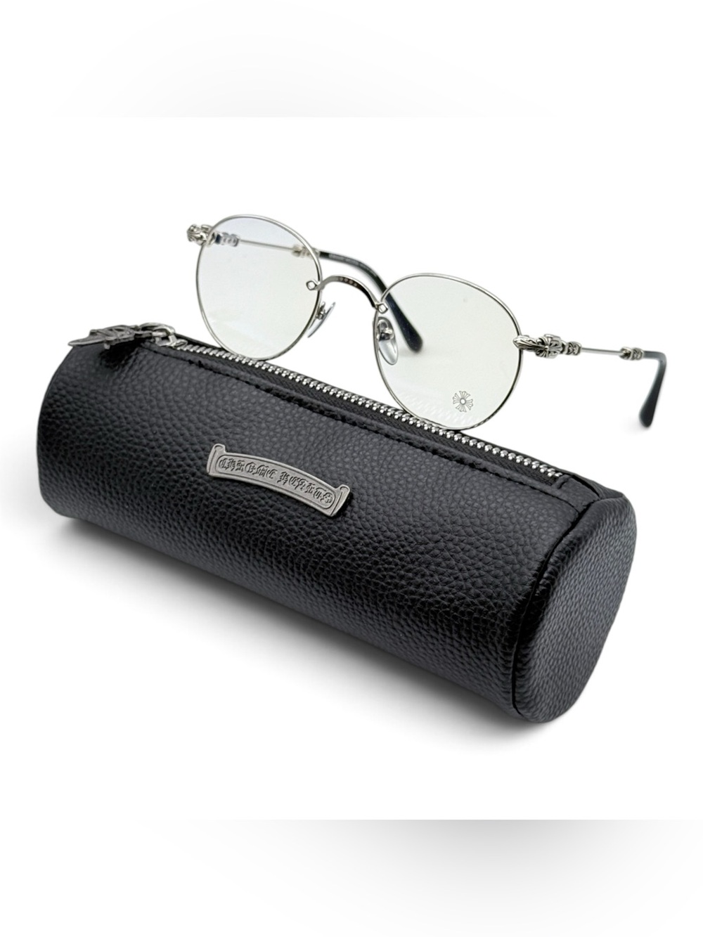 Chrome Hearts Round Silver Frame Sunglasses with Black Leather Case